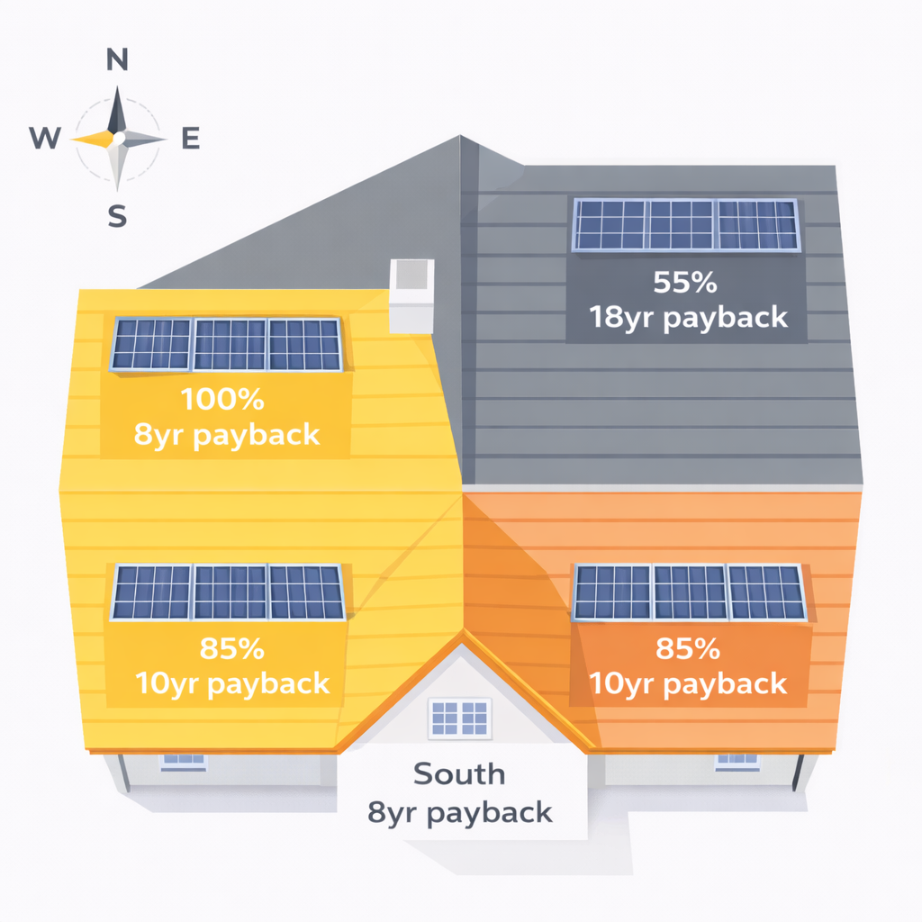 Solar panel roof orientation impact on UK generation and payback - AORO analysis