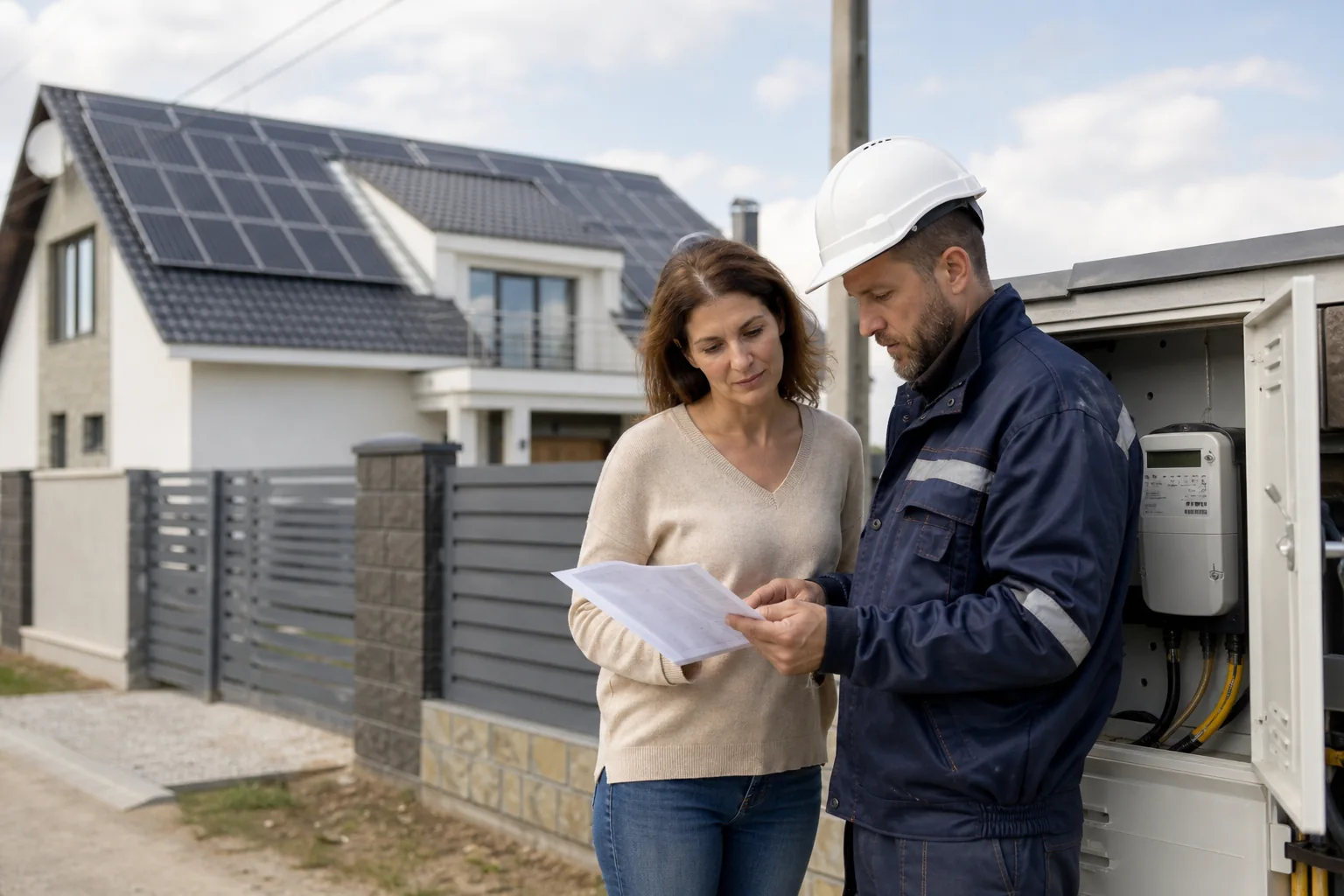 Proprietar și specialist verificând documentele unui sistem fotovoltaic — imagine ilustrativă